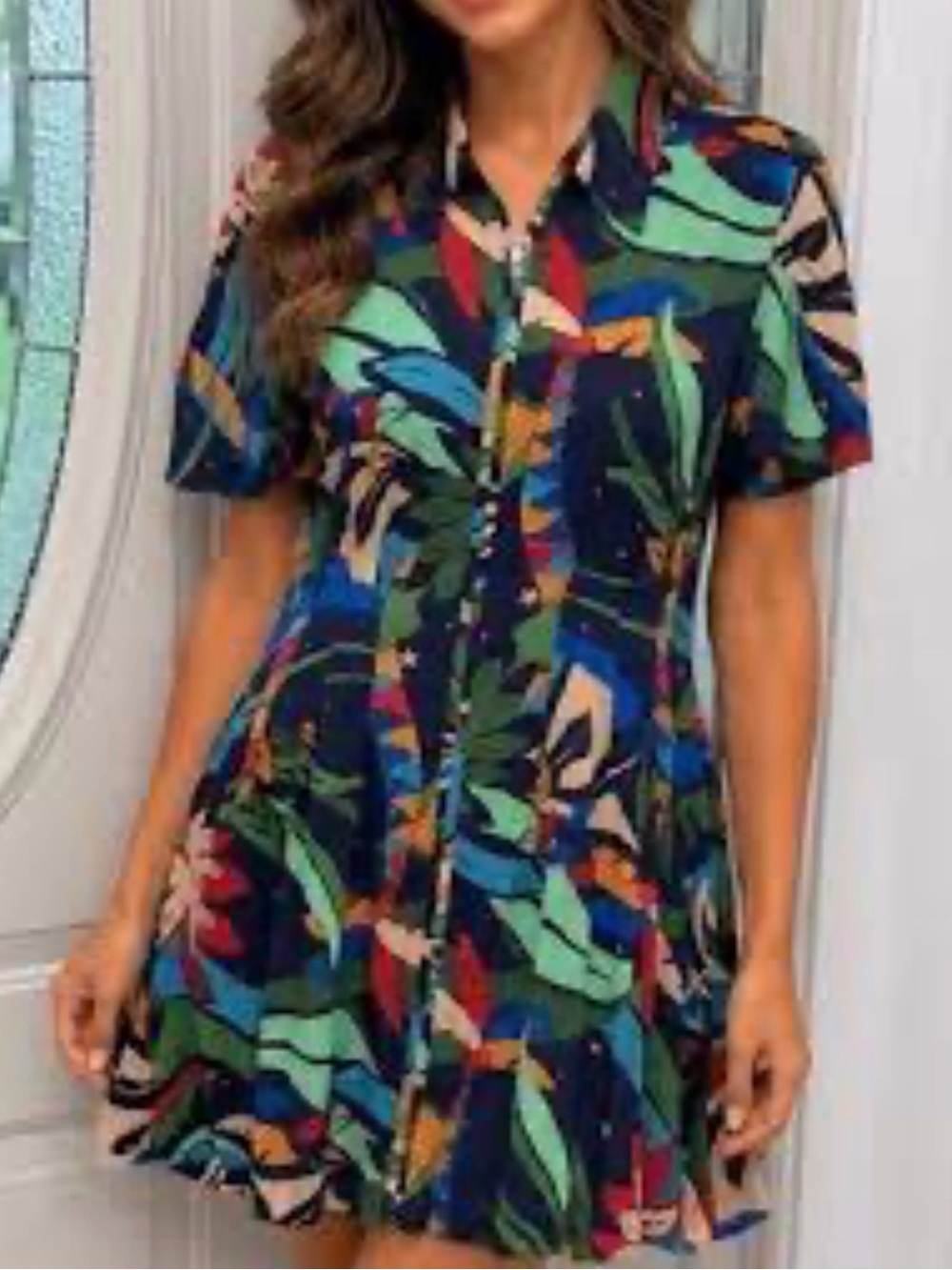 Olivaceous Navy Multi Leaf-Print Short Sleeve Mini Dress